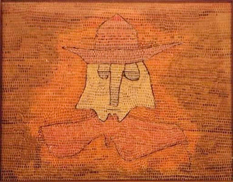 Gesicht mit breitkrempigem Hut aus feinen orangeroten Farbstrichen – Paul Klee Pastor Kohl Kunstkopie