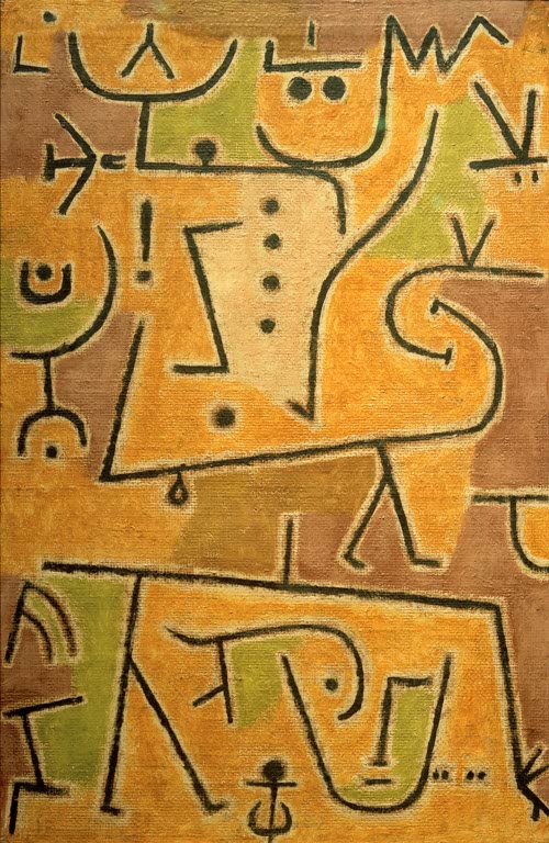 Gelb-ocker, grünliche Flächen mit schwarz gezeichneter Figur mit Knopfreihe – Paul Klee Rote Weste Kunstkopie