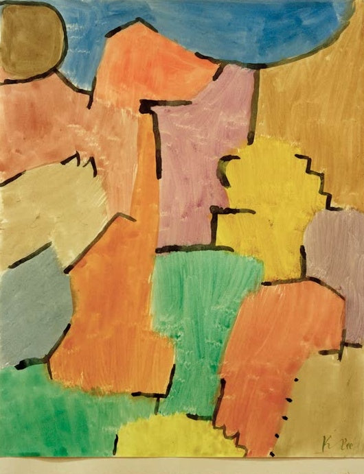 Farbfelder in Orange, Blau, Gelb, Grün und Violett mit schwarzen Konturen – Paul Klee Schlucht in den Alpen Kunstkopie