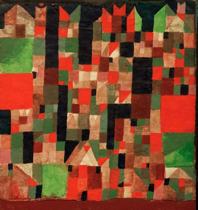 Mosaikartige Stadt aus roten, grünen und schwarzen Feldern mit Giebeln – Paul Klee Städtebild (rotgrüne Accente) Kunstkopie