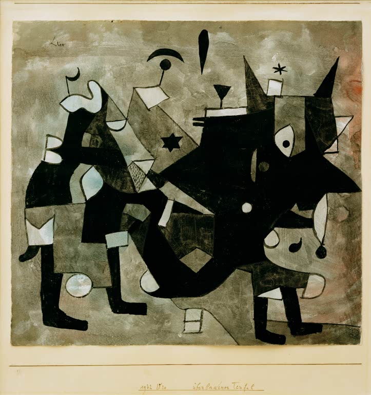 Schwarze, aufgetürmte Teufelsgestalt mit Mond und Stern auf grauem Grund – Paul Klee Überladener Teufel Kunstkopie