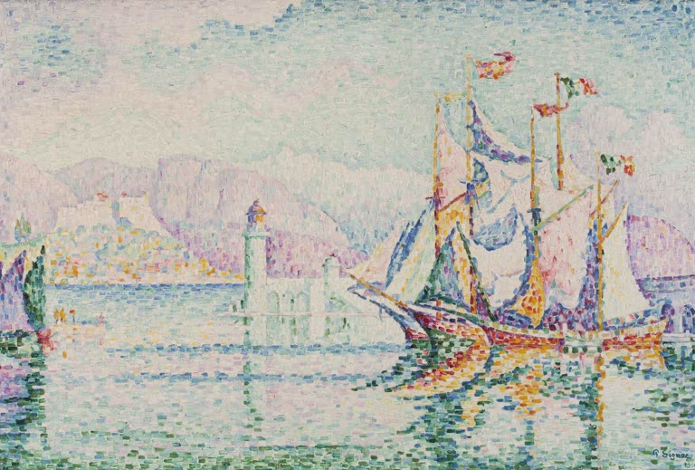 Dreimaster im Hafen vor Leuchtturm und zartvioletten Bergen, Farbtupfer im Wasser – Paul Signac Antibes, Morgen Kunstkopie