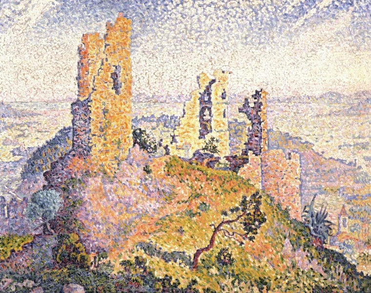Burgruine auf bewachsenem Hügel in bunten Farbpunkten – Paul Signac Die Ruinen von Grimaud Kunstkopie