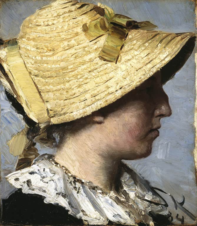 Frauenprofil mit gelbem Strohhut und Schleife vor blaugrauem Grund – Peder Severin Kröyer Anna Ancher Kunstkopie