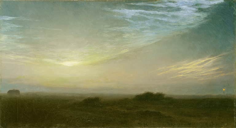 Dämmerhimmel über dunklem Moorland mit kleinem Haus – Peder Severin Kröyer Aus den Mooren nördlich von Skagen Kunstkopie
