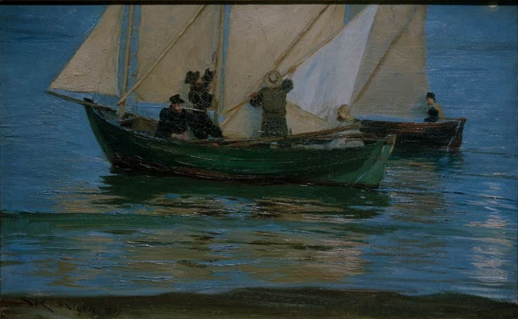 Segelboote mit Fischern auf ruhigem blauem Wasser – Peder Severin Kröyer Ausfahrt zum Nachtfischen Kunstkopie
