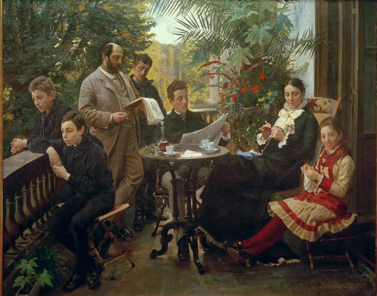 Familie beim Tee auf der Veranda zwischen Palmen und Grün – Peder Severin Kröyer Bildnis der Familie Hirschsprung Kunstkopie