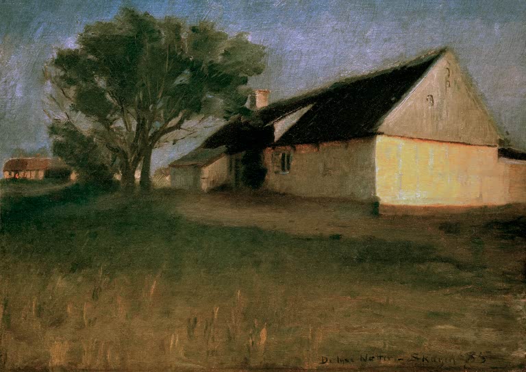 Gelbes Haus mit dunklem Dach und Baum im Abendlicht – Peder Severin Kröyer Die hellen Nächte, Skagen Kunstkopie