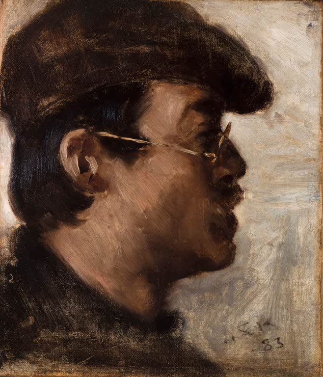 Profil eines Mannes mit Mütze und Brille in warmen Brauntönen – Peder Severin Kröyer Eilif Peterssen Kunstkopie