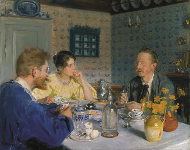 Drei Menschen beim Frühstück am gedeckten Tisch vor blauen Fliesenwänden – Peder Severin Kröyer Ein Frühstück Kunstkopie