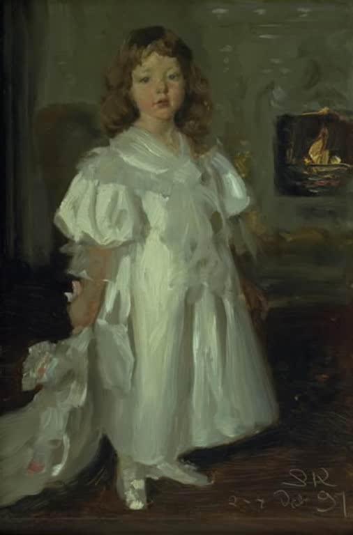 Kleines Mädchen im weißen Kleid mit Lockenhaar – Peder Severin Kröyer Ein kleines Mädchen, Helga Melchior Kunstkopie