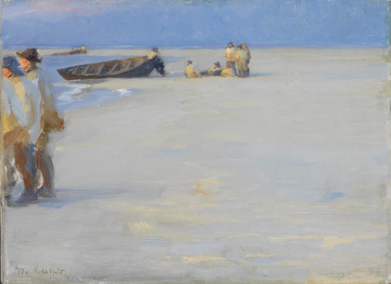 Fischer stehen und liegen am weiten Strand im Abendlicht – Peder Severin Kröyer Fischer am Nordstrand von Skagen Kunstkopie