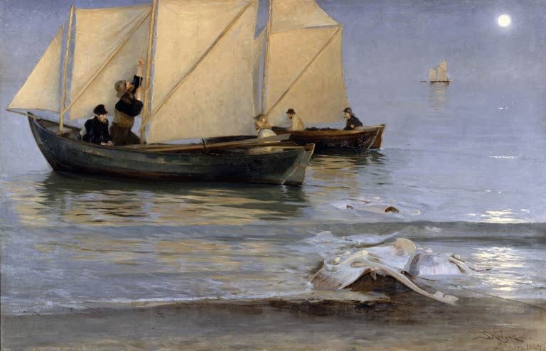 Segelboote im Mondlicht, am Strand ein Rochen – Peder Severin Kröyer Fischerboote Kunstkopie