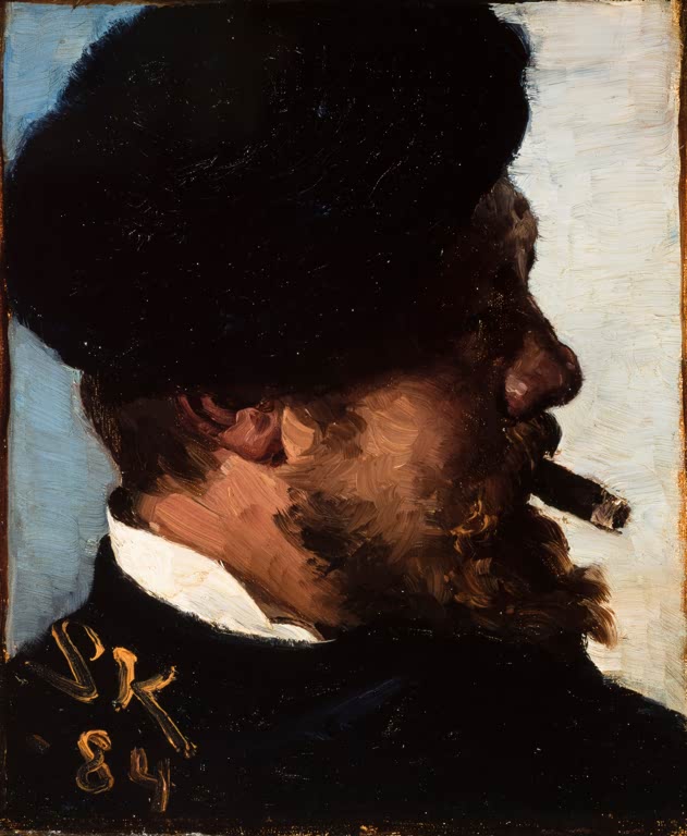 Männerprofil mit dunkler Mütze und Zigarre vor hellblauem Grund – Peder Severin Kröyer Fritz Stoltenberg Kunstkopie