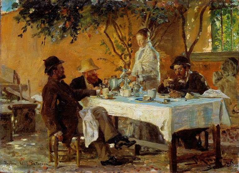 Vier Männer und eine Frau beim Frühstück unter Bäumen – Peder Severin Kröyer Frühstück in Sora Kunstkopie