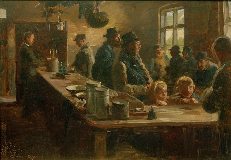 Fischer und Kinder an einer Ladentheke – Peder Severin Kröyer Im Kaufmannsladen, wenn nicht gefischt wird Kunstkopie