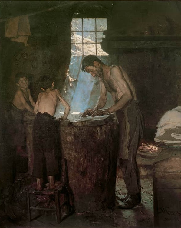 Dunkle Werkstatt, Mann und zwei Jungen vor einem Fenster – Peder Severin Kröyer Italienische Dorfhutmacher. Sora Kunstkopie