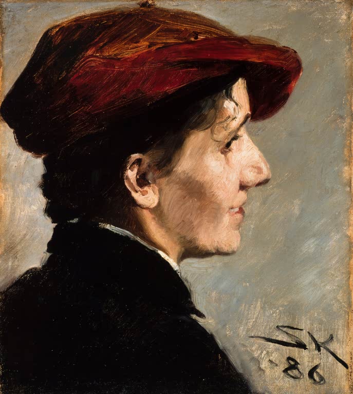 Profilbildnis einer Frau mit roter Kappe vor graublauem Grund – Peder Severin Kröyer Marianne Stokes Kunstkopie