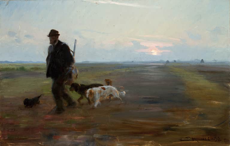 Jäger mit Gewehr und Hunden bei Sonnenuntergang – Peder Severin Kröyer Michael Ancher kehrt von der Jagd zurück Kunstkopie