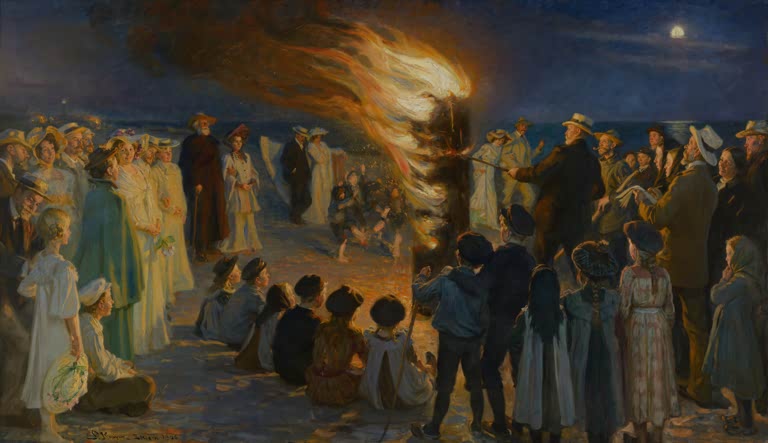 Menschen um ein Johannisfeuer am Strand – Peder Severin Kröyer Mittsommerfeuer am Strand von Skagen Kunstkopie