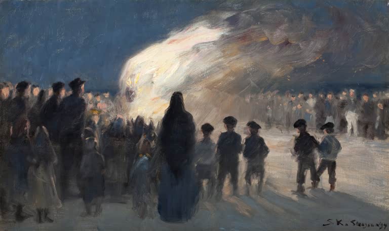 Menschenmenge vor hell lodernden Flammen – Peder Severin Kröyer Mittsommerfeuer am Strand von Skagen Kunstkopie