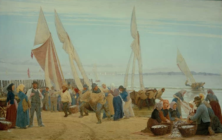 Fischer ziehen Boote an Land, Frauen mit Fischen – Peder Severin Kröyer Morgen bei Hornbaek Kunstkopie