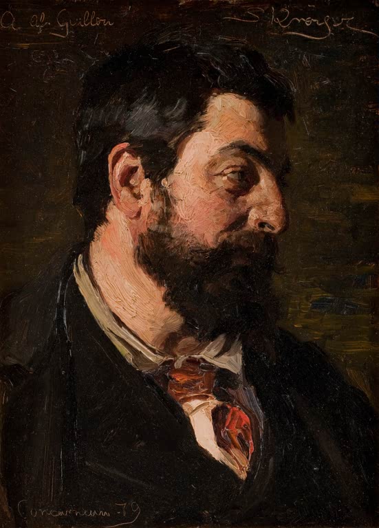 Bärtiger Mann im Profil vor dunklem Grund – Peder Severin Kröyer Porträt des französischen Malers Alfred Guillou Kunstkopie