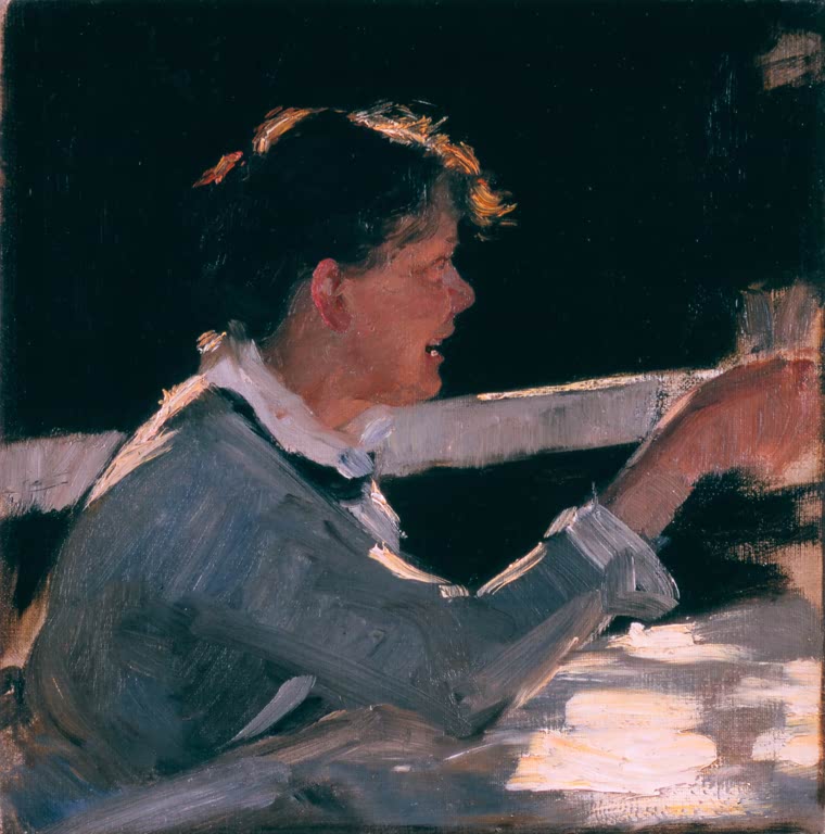 Frau im Profil hebt den Arm vor dunklem Grund – Peder Severin Kröyer Porträtstudie von Helene Christensen Kunstkopie