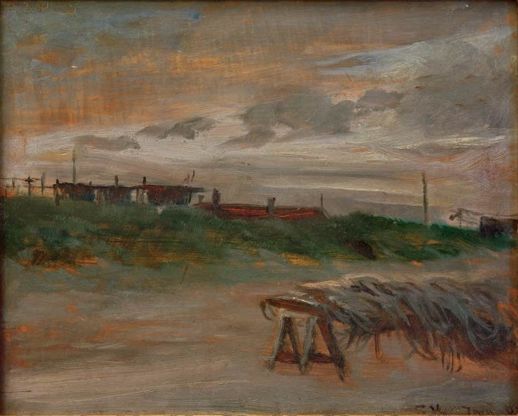 Dünenstreifen mit Hütten unter Abendwolken, im Vordergrund ein Bock – Peder Severin Kröyer Skagen Sönderstrand Kunstkopie