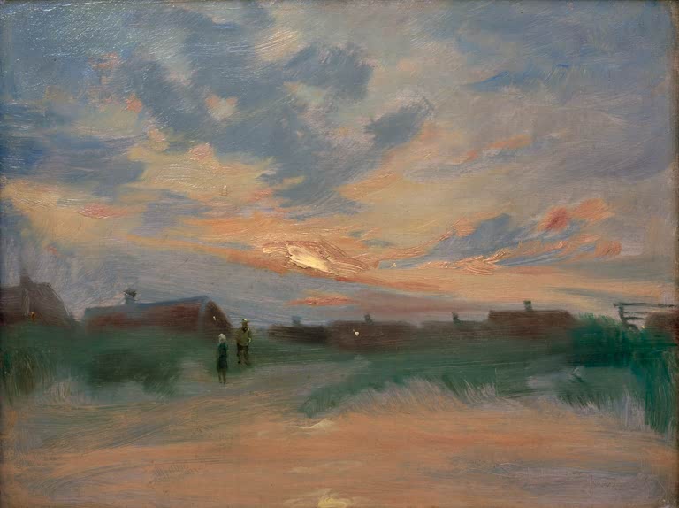 Orangerote Wolken über Dächern, zwei Gestalten auf dem Weg – Peder Severin Kröyer Solnedang over Skagens By Kunstkopie