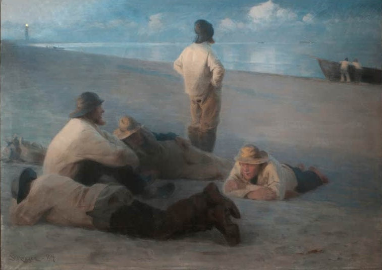 Fischer lagern abends am hellen Strand, ein Mann steht – Peder Severin Kröyer Sommerabend am Strand von Skagen Kunstkopie