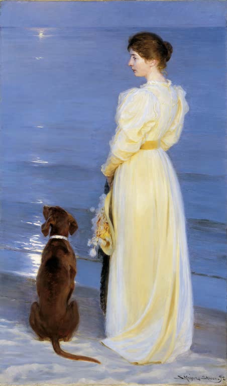 Frau im gelben Kleid mit braunem Hund am abendlichen Strand – Peder Severin Kröyer Sommerabend in Skagen Kunstkopie