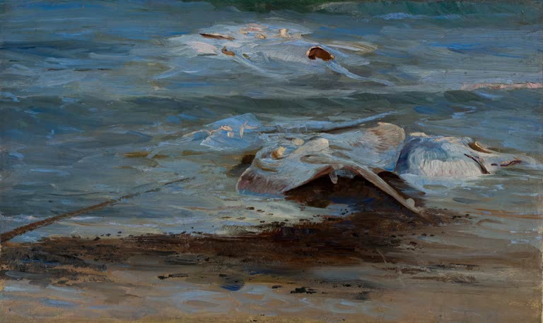 Gestrandete Rochen am nassen Strand im Wellenschaum – Peder Severin Kröyer Tote Rochen Kunstkopie