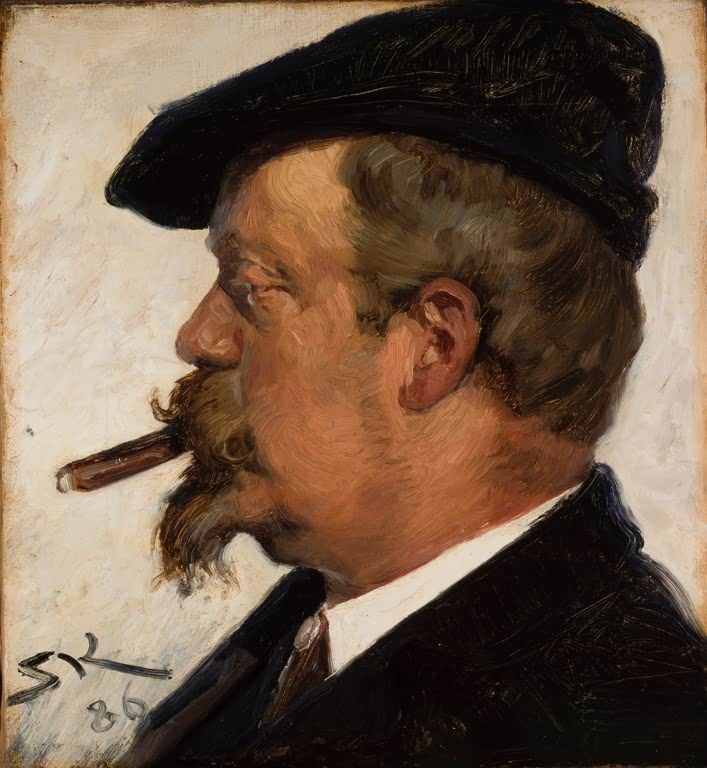 Profil eines Mannes mit Schiebermütze, Bart und Zigarre – Peder Severin Kröyer Vilhelm Rosenstand Kunstkopie