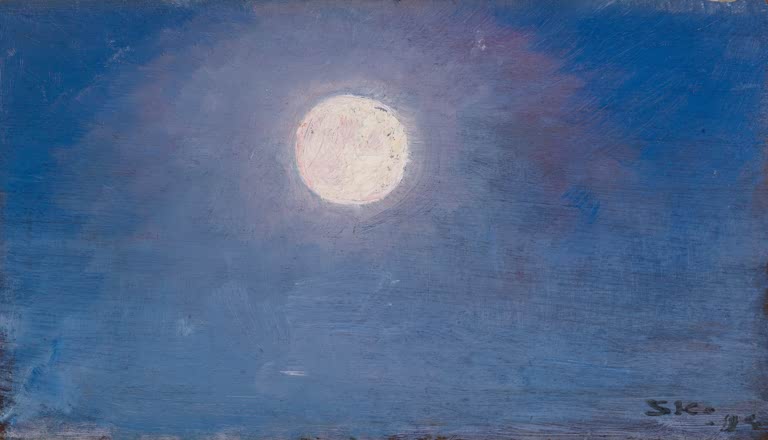 Leuchtender Vollmond am tiefblauen Nachthimmel mit rosa Dunst – Peder Severin Kröyer Vollmond Kunstkopie