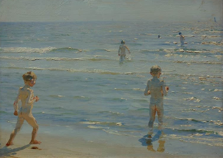 Peder Severin Kröyer Badende Jungen Sonnenschein Skagen Kunstkopie, nackte Jungen am Meeressaum im hellen Licht