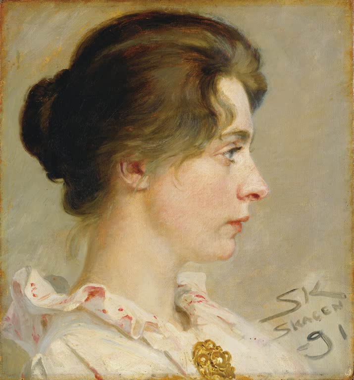 Peder Severin Kröyer Marie Krøyer Kunstkopie, Profilporträt einer jungen Frau mit Haarknoten und goldener Brosche