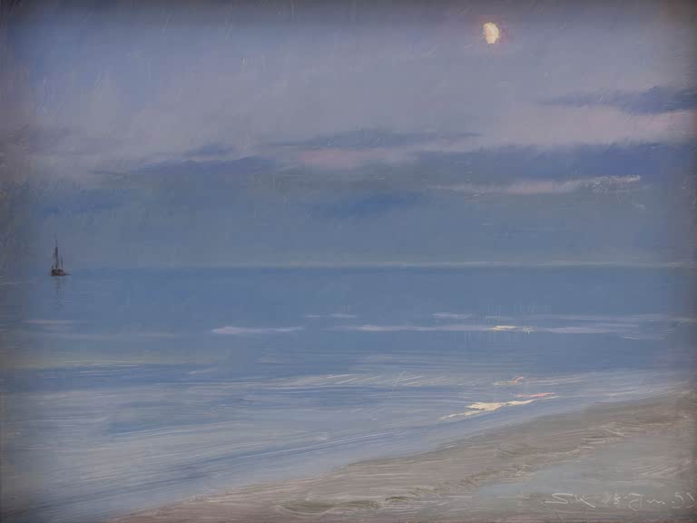 Peder Severin Kröyer Skagener Strand im Mondschein Kunstkopie, blaue Küste mit Segelboot und Mond am Abendhimmel