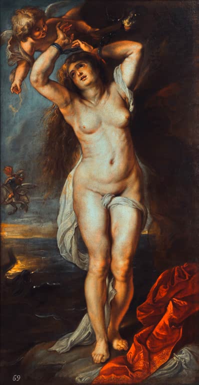 Peter Paul Rubens Andromeda in Ketten Kunstkopie, gefesselte Frau mit Putto, Perseus auf Pegasus und rotem Tuch