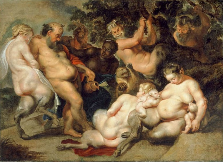Peter Paul Rubens Bacchanal Kunstkopie, zechende Satyrn, Silen und Bacchantinnen in einer waldigen Landschaft