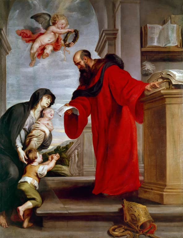 Peter Paul Rubens Der heilige Ivo von Tréguier Kunstkopie, Heiliger im roten Gewand empfängt eine Frau mit zwei Kindern