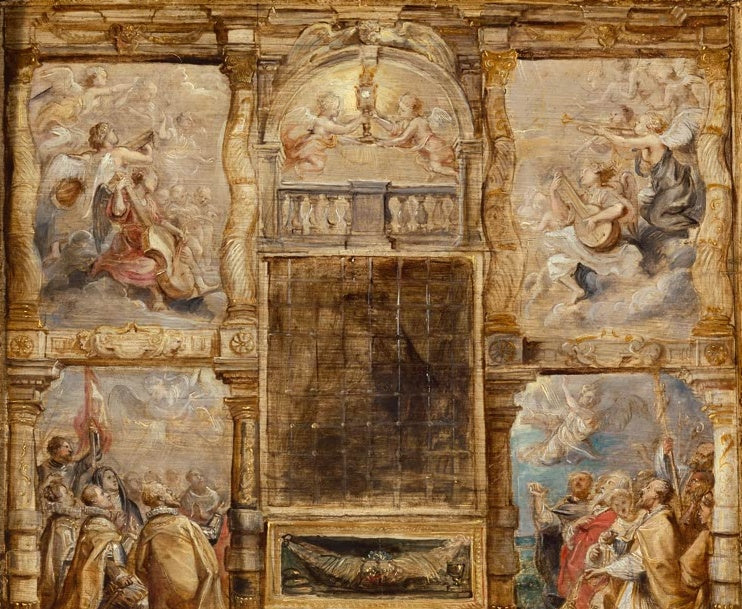 Peter Paul Rubens Die Anbetung der Eucharistie, Ölskizze Kunstkopie, Engel und Geistliche in gemalter Architektur