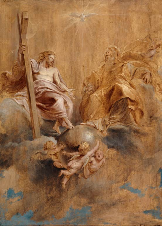 Peter Paul Rubens Die Heilige Dreifaltigkeit Kunstkopie, Christus mit Kreuz und Gottvater auf Wolken unter der Taube