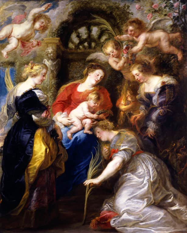 Peter Paul Rubens Die Krönung der heiligen Katharina Kunstkopie, Madonna mit Kind, Heilige in Seide und Engel mit Blumen
