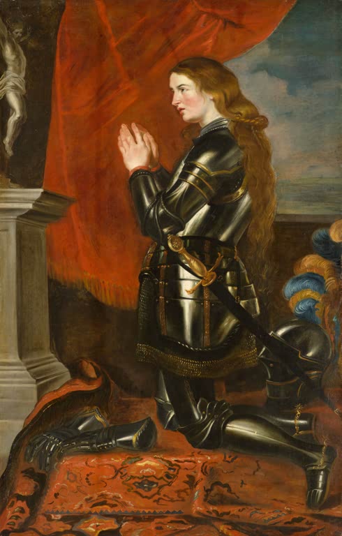 Peter Paul Rubens Johanna von Orléans Kunstkopie, kniende Frau in dunkler Rüstung vor rotem Vorhang im Gebet