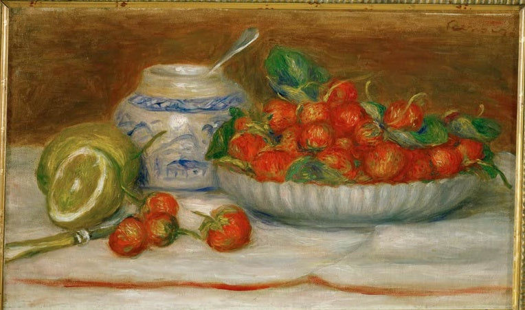 Erdbeeren in einer Schale neben Zitrone und blauer Dose – Pierre-Auguste Renoir Fraises Kunstkopie
