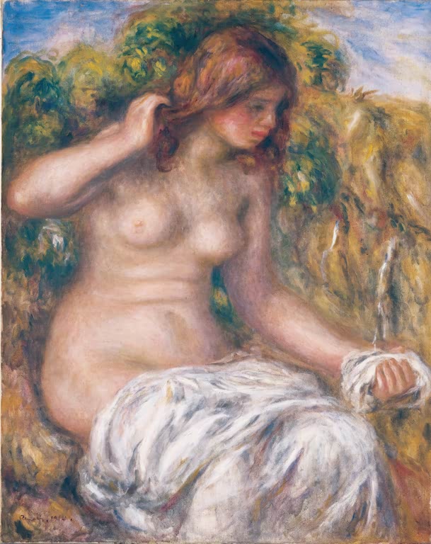 Nackte Frau mit weißem Tuch ordnet ihr Haar – Pierre-Auguste Renoir Frau an der Quelle Kunstkopie