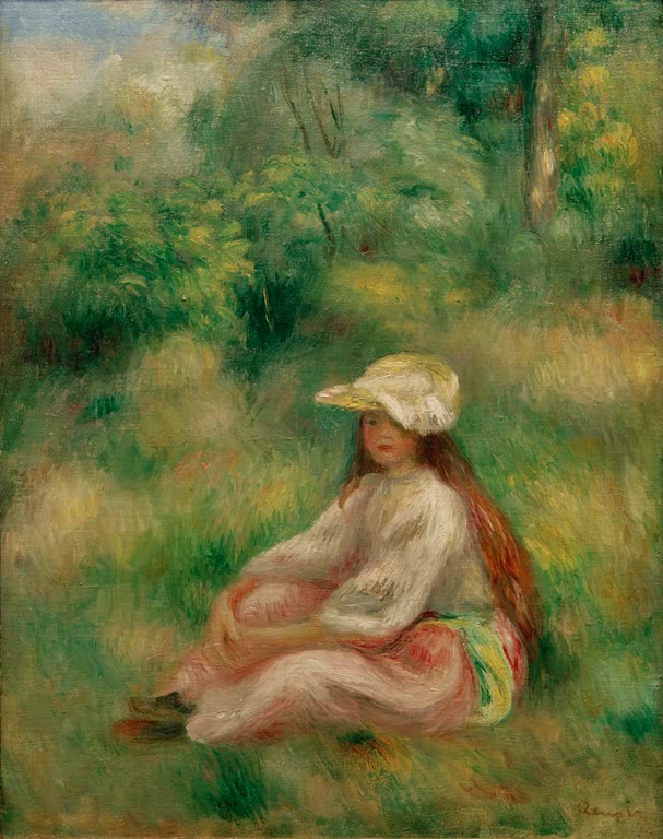 Mädchen in rosa Kleid mit weißem Hut im Gras – Pierre-Auguste Renoir Jeune fille en rose dans un paysage Kunstkopie