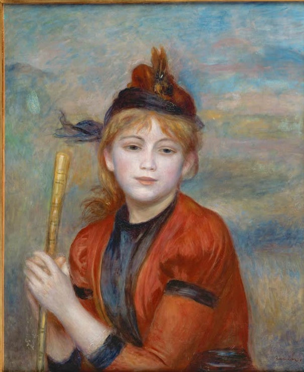 Mädchen in roter Jacke hält einen Stock – Pierre-Auguste Renoir Excursioniste Kunstkopie