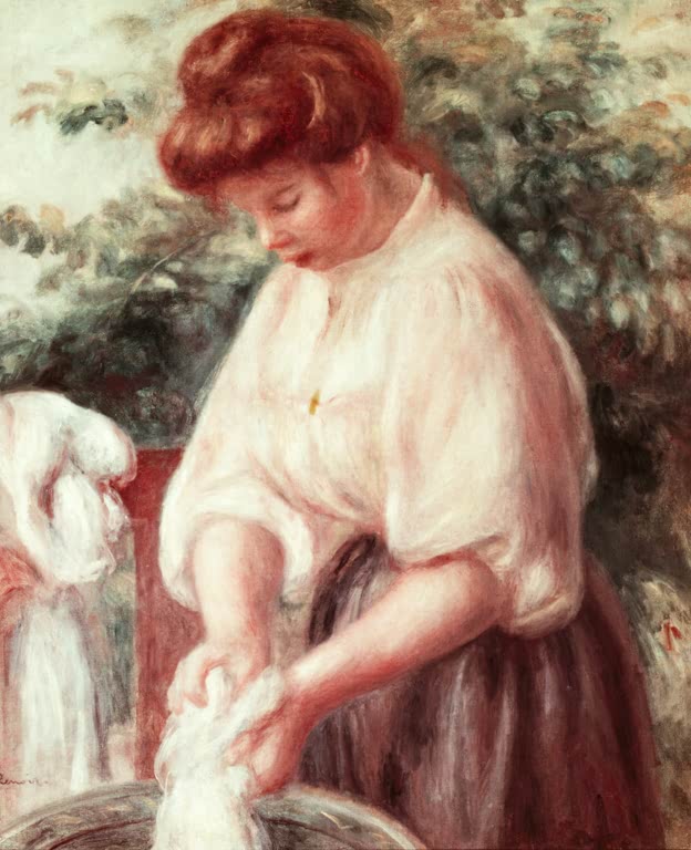 Frau in heller Bluse wäscht Wäsche in einem Zuber – Pierre-Auguste Renoir La lessiveuse Kunstkopie
